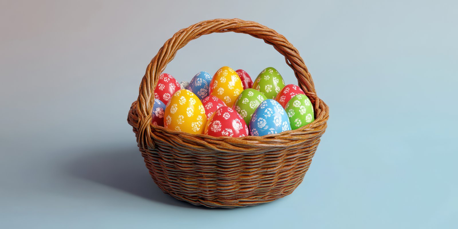 Colorful eggs arranged in a wicker basket on a soft blue background during Easter celebrations